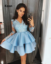 Blue Red Homecoming Dresses Full Sleeve V-Neck Tiered Satin Above Mini Elegant Royal Blue Cocktail Dresses 2024 - buy cheap