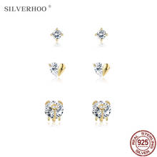 SILVERHOO-pendientes de plata de ley 925 con forma de corazón para mujer, joyería con cierre de tuerca, deslumbrantes, CZ, regalo de aniversario 2024 - compra barato