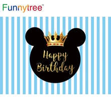 Funnytree-Fondo de cumpleaños de ratón, Stipes azules, corona dorada para Baby Shower, cartel de fondo de fiesta de dibujos animados, estudio de fotografía 2024 - compra barato