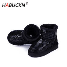 Hakbuckn 2020 marca venda quente menino e menina botas de neve 100% genuíno couro do tornozelo botas de inverno quente crianças sapatos 2024 - compre barato