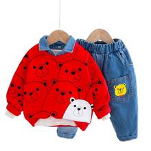 Meninos novos conjuntos de roupas outono bebê urso padrão outfits 2 pçs moletom camisa jeans crianças casual esporte terno recém nascido treino 2024 - compre barato