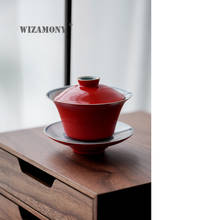 Taza especial navideña Jingdezhen, cuenco de cerámica Coral rojo de tres cubiertas, cuenco de té de línea azul pintado a mano, juego de té Kung Fu, taza de té 2024 - compra barato