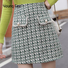 Young Gee Avocado Green Blue Frayed Trim Plaid Tweed Skirt Elegant Zipper Mid Waist Pencil Skirts Women Autumn Mini Skirts saia 2024 - buy cheap