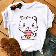 FIXSYS Cute T Shirts Women Streetwear Cat Graphic Tees Fashion Milk Tea Printed Women Tops Casual Female Couple Tshirt 2024 - buy cheap