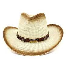 Fashion Unisex Men Women Brown Spray Paint Paper Straw Cowboy Hats 2019 Summer Outdoor Large Brim Sunhat Leather Band Decor 2024 - buy cheap