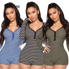 Echoine women stripe Sexy Button Adults bodycon Onesies Long Sleeve sleepwear V-neck Pajama Rompers Shorts Jumpsuit Nightwear 2024 - buy cheap