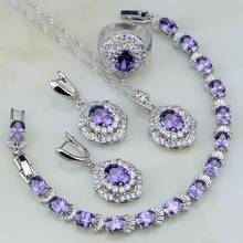 Purple Cubic Zirconia White Crystal 925 Sterling Silver Jewelry Sets For Women Wedding Earrings/Pendant/Necklace/Bracelet/Ring 2024 - buy cheap