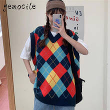 Argyle Knitted Vest Sweater Sleeveless V Neck  Preppy Style Women Sweaters Y2K Waistcoat Chic Vests  90s Clothes Outwear 2024 - buy cheap