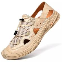 Sandals Men's Summer Baotou Leather  Hollow  Hole  Shoes Men's Lace Up  Low Top Soft Sole Antiskid Comfortable Beach Shoes 2024 - buy cheap