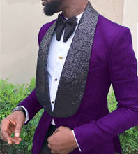 Newest Men Suits Purple and Black Groom Tuxedos Shawl Sequin Lapel Groomsmen Wedding Best Man ( Jacket+Pants+Bow Tie ) C690 2024 - buy cheap