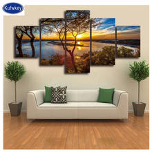 5 Panels Sunrise Tree lake diamond painting full square stones 5d diamond mosaic round drill stitch diamond embroidery Landscape 2024 - buy cheap