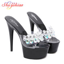 2021 Women Slipper Glass Crystal Fine Heel 15cm Slipper Female Summer Waterproof 15cm Prevent Thick Bottom Sexy Cool Shoes 2024 - buy cheap