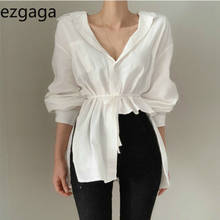 Ezgaga French Style Office Lady Shirts Chic Turn-Down Collar Long Sleeve White Slim Waist Lace Up Irregular Shirts Women Tops 2024 - buy cheap