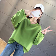 Qrwr 2020 primavera outono coreano feminino sweatshirts casual v pescoço todo o jogo pulôver solto oversize sólido moletom feminino 2024 - compre barato