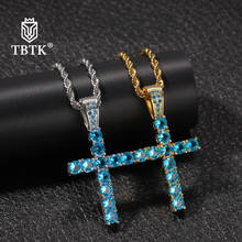 TBTK New  Blue Cubic Zirconia Cross Pendant Necklace Gold Silver Color With Free Chain Fashion Hiphop Jewelry Drop Shipping 2024 - buy cheap