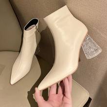 Luxury Crystal Chunky High Heels Women Boots Beige Real Leather Short Autumn Chelsea Botines Pointed Toe Office Lady Chic Bottes 2024 - buy cheap