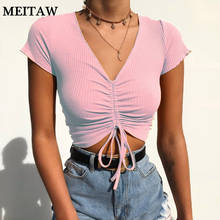 Women Knit Tee Shirts Summer Slim Drawstring T-Shirts 2020 Casual Solid Short Sleeve Tops Sexy V Neck Cropped T-Shirt 2024 - buy cheap