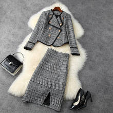 Женская одежда в европейском и американском стиле, новинка зимы 2021, стильный двубортный пиджак с длинными рукавами, клетчатая юбка с разрезом, модный твидовый костюм 2024 - купить недорого