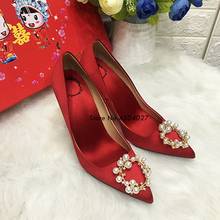 Woman Bridal Wedding Shoes Red High Heel Pointed Toe Pearls Satin Lady Pumps 10cm/80cm/6cm Stiletto Heel Pumps 2024 - buy cheap