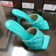 Zapatillas tejidas de punta cuadrada para mujer, zapatos de tacón alto fino de talla grande, sandalias de ocio a la moda, de verano 2024 - compra barato