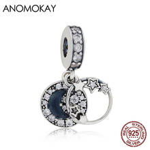 Anomokay Trendy Dark Blue Enamel Star Moon Silver Charm Pendant Pave with White Crystal Real 925 Silver Starry Sky Series Beads 2024 - buy cheap