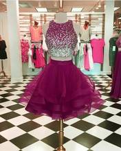 Vestido corto de dos piezas de tul con diamantes de imitación para mujer, vestidos sexys de regreso a casa, corte en A, fucsia, longitud hasta la rodilla, abertura en la espalda, vestidos de graduación para jóvenes 2024 - compra barato