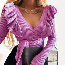 Ardm Fashion V Neck Cross Woman Sweaters Elegant Ruffled Lace Up Pull Femme Winter Full Sleeve Pullover Women Chic Crop Tops 2024 - buy cheap