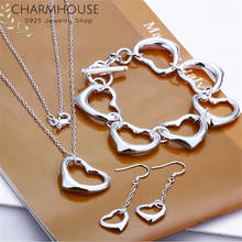 Charmhouse conjunto de joias femininas, prata 925, 6 corações, corrente, colar, brincos longos, 3 peças, presente de casamento 2024 - compre barato