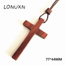 Pingente de cruz católica de madeira grande com conta de madeira, rosário esculpido, colar longo masculino, joias de madeira natural, sândalo vermelho 2024 - compre barato