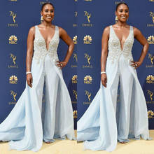 Light Blue Jumpsuits Evening Dresses 2020 Beaded Deep V Neck Overskirts Formal Prom Gowns Cheap Chiffon Beach Runway Celebrity 2024 - buy cheap