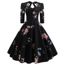 Vestido floral retrô com meia manga, feminino, sexy, pescoço, pin up, túnica, laço, festa de noite, rockabilly 2024 - compre barato