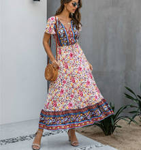 AYUALIN pink boho long dresses women 2020 vintage v neck rayon floral print casual vestidos beach wear midi dresses Hippie robe 2024 - buy cheap