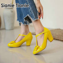 Sianie tianie 2020 primavera verão mulher bloco med saltos bombas rosa amarelo bonito t-cinta sapatos de festa de casamento sapatos femininos mary janes 2024 - compre barato