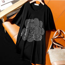 Camiseta de algodón con diamantes de talla grande para mujer, top elástico de manga corta con cuello redondo, camisetas de verano 2024 - compra barato