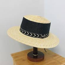 Sombreros de paja de ala ancha hechos a mano para mujer, sombreros de verano con cinta de retales, color negro y Beige, Boater de Panamá plano, vestido brillante para playa 2024 - compra barato