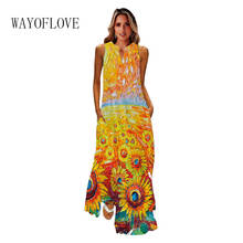 WAYOFLOVE Spring Summer Dress Holiday Beach Casual V Neck Long Dresses Woman Party Sleeveless Sunflower Print Loose Maxi Dresses 2024 - buy cheap