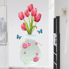 Adesivos de parede vaso de tulipas 3d, decoração para sala de estar, arte de borboletas, decalques de estética, decoração de parede de entrada 2024 - compre barato