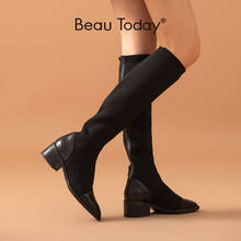 BeauToday-Botas de calcetín con punta cuadrada para mujer, zapatos sin cordones, hechos a mano, tejido de punto, 01423 2024 - compra barato