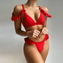 Bikini rojo con Push-Up para mujer, bañador de cintura alta, traje de baño Halter con Espalda descubierta, ropa de playa con volantes para verano 2021 2024 - compra barato