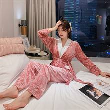 Daeyard-Conjunto de Pijama de terciopelo rosa para mujer, ropa de dormir cálida con estampado Simple de manga larga, ropa de lujo para el hogar, 2 piezas, otoño 2024 - compra barato