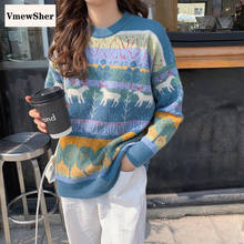 VmewSher-suéter de punto de Jacquard para mujer, Jersey Retro de manga larga gruesa, Harajuku, Top suelto de moda, Invierno 2024 - compra barato