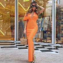 Novo laranja feminino longo vestido bandagem sexy com decote em v um ombro bodycon maxi vestidos de noite pista festa vestido 2022 2024 - compre barato