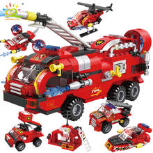 HUIQIBAO-bloques de construcción de camiones de bomberos para niños, juguete de ladrillos para armar coche, helicóptero o barco, 6 figuras de bomberos, 6 en 1, 387 piezas 2024 - compra barato
