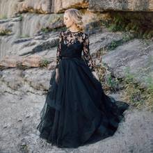 Black Long Sleeve Evening Dresses A-Line O-Neck Lace Appliques Tulle Elegant Party Prom Gown With Button Back Floor Length 2024 - buy cheap