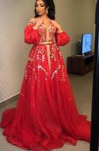 Red Moroccan Kaftan Caftan Muslim Evening Dresses A-line Long Sleeves Tulle Appliques Dubai Arabic Turkey Abaya Islamic Gown 2024 - buy cheap