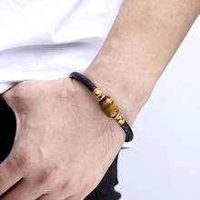 2020 moda masculina jóias de pedra natural pulseira de couro genuíno preto aço inoxidável fecho magnético tigre olho grânulo pulseira 2024 - compre barato