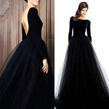 Classic Long Sleeves Black Evening Dresses Jersey A Line Prom Party Dress Scoop Neck Open Back Tulle Skirt Long Formal Wear Gown 2024 - buy cheap