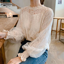 Осенняя новая Прозрачная Кружевная женская рубашка camisa с длинным рукавом-фонариком, винтажная женская блузка 2021, милый корейский Топ для женщин 10456 2024 - купить недорого