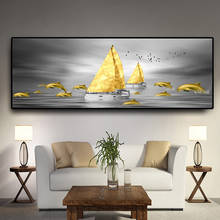 Arte Abstracto dorado moderno para decoración del hogar, Pintura Artística de pared de cielo gris y barco dorado para sala de estar, sin marco 2024 - compra barato