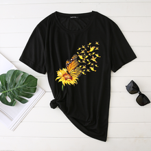 Seeyoushy-Camiseta con estampado de mariposa y girasol para mujer, ropa informal holgada de calle, Harajuku, Top de cuello redondo para mujer 2024 - compra barato